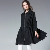 large size ladies loose draped drawstring thin zipper wind coat womens turn down collar plus size long sleeve elegant coat