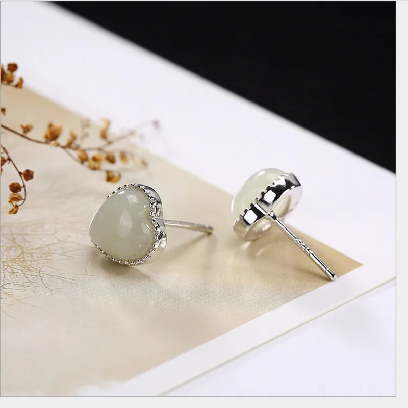 Uglyless Sweet Heart Stud Earrings for Women Luxury Natural White Jade LOVE Fine Jewelry 100% Solid 925 Silver Studs Gift Bijoux | Украшения