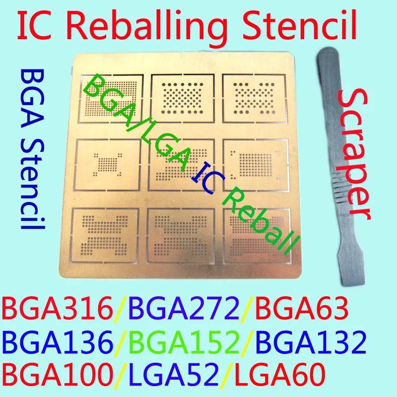 Трафарет и скребок для реболлинга реболл BGA IC BGA316/BGA272/BGA63/BGA136/BGA152/BGA132/BGA100/LGA52/LGA60