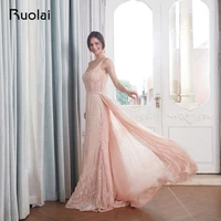 2019 elegant mermaid evening dresses long removable train flower real photo lace prom dress 2019 robe de soiree re22