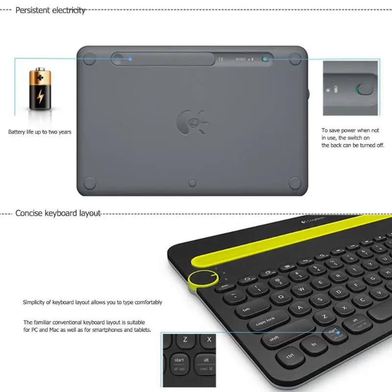 Logitech K480 Bluetooth мульти-устройство Портативный клавиатура с чехол для телефона с держателем для карт для Windows Mac OS iOS Android смартфон/планшет