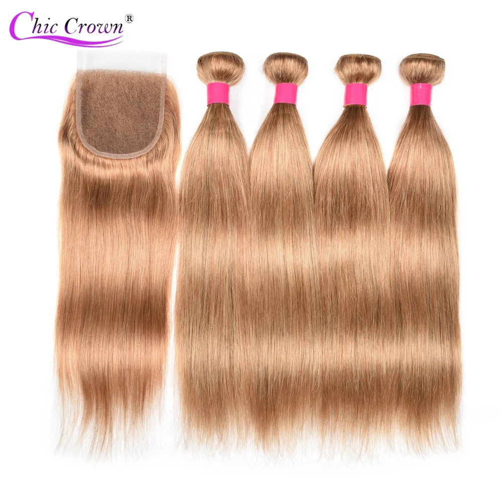 

Colored Bundles With Closure Honey Blonde Bundles With Closure 27# Peruvian Hair Weave Straight Human Hair 4 Cheap Bundles