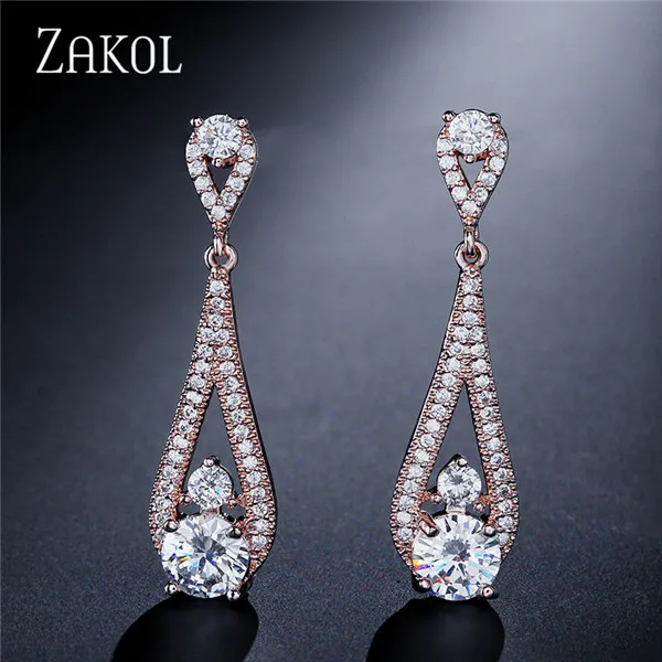 Rose Gold Color ZAKOL бренд дизайн люстра срезанные висячие серьги прозрачный кубический цирконий невесты свадебные украшения для непальского женщин FSEP2052 - Окраска металла: Rose Gold Color