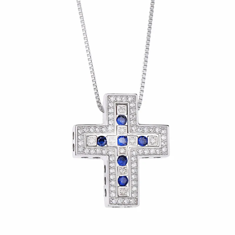 Blue CZ Silver Lovecabin, японский дизайн, 925 пробы, серебряный крест, кулон и ожерелье для женщин, двойной крест, кулон, мужское ожерелье, ювелирное изделие - Окраска металла: Blue CZ Silver