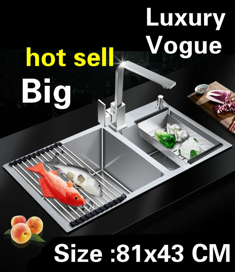 

Free shipping Apartment vogue large kitchen manual sink double groove high capacity durable 304 stainless steel 810x430 MM