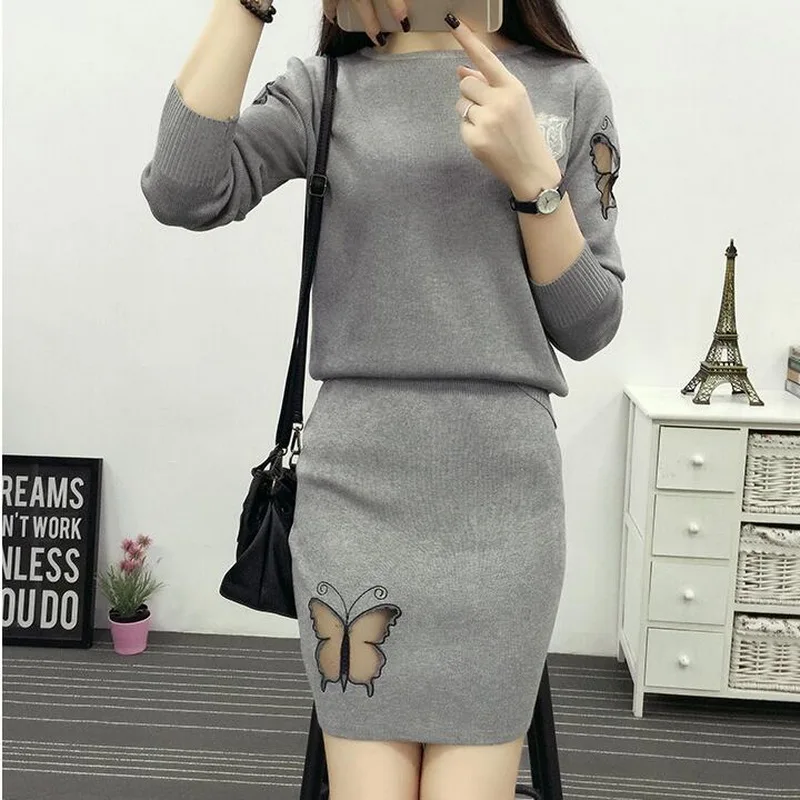 Женский вязаный костюм для женщин осень 2019 новинка с рисунком бабочки полный