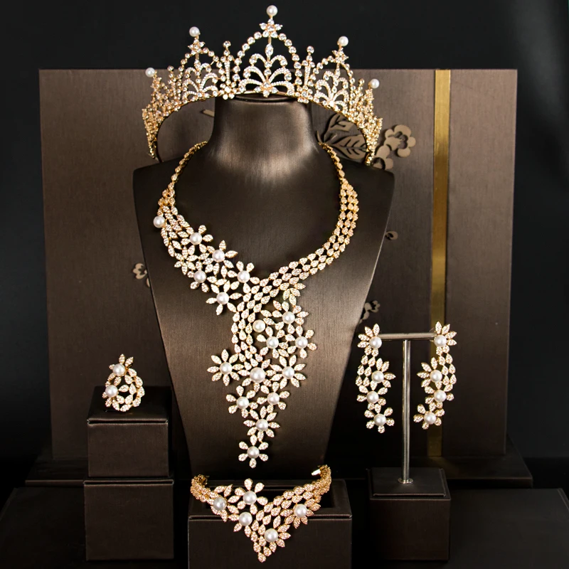 LANFLORA boutique fashion pearl and CZ jewelry set crown wedding luxury cubic zirconia for bridal sets free shipping | Украшения и