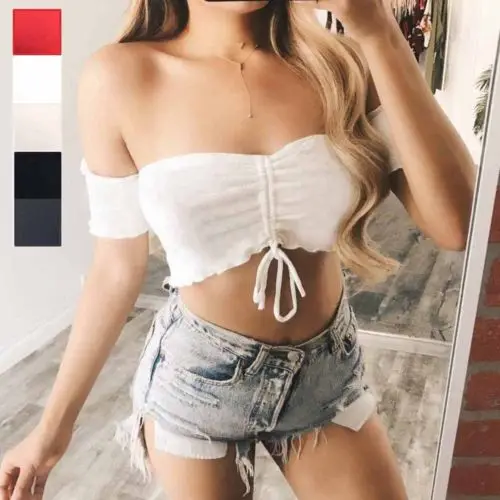 Модный женский вязаный укороченный топ с оборками и открытыми плечами топы