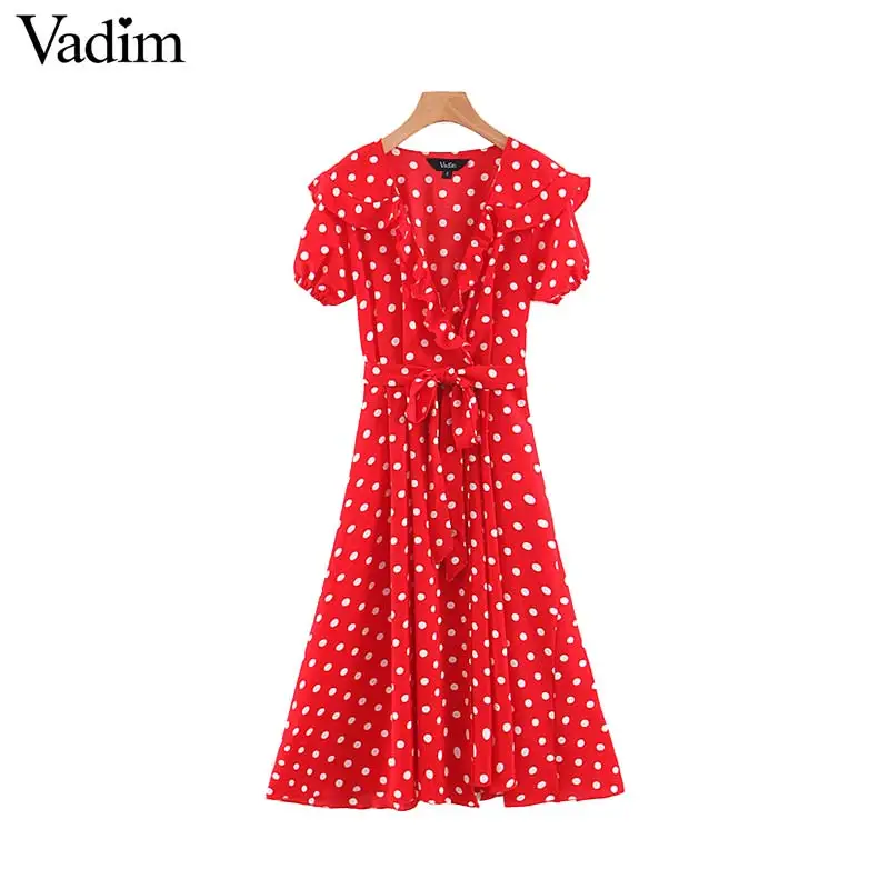 Вадим женщины dot печати ruffled wrap dress галстук бабочка Пояса V шеи крест дизайн