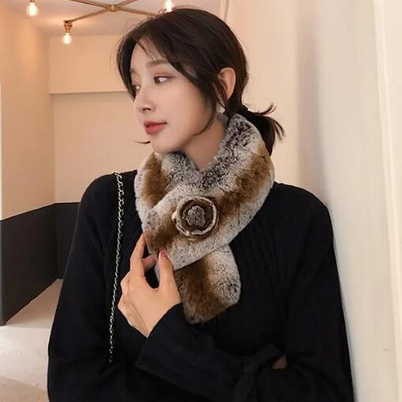 Glaforny 2019 New Style 100% Real Rex Rabbit Fur Scarf with Flower Super Warm Winter Mufflers High Quality Chinchilla Rings |