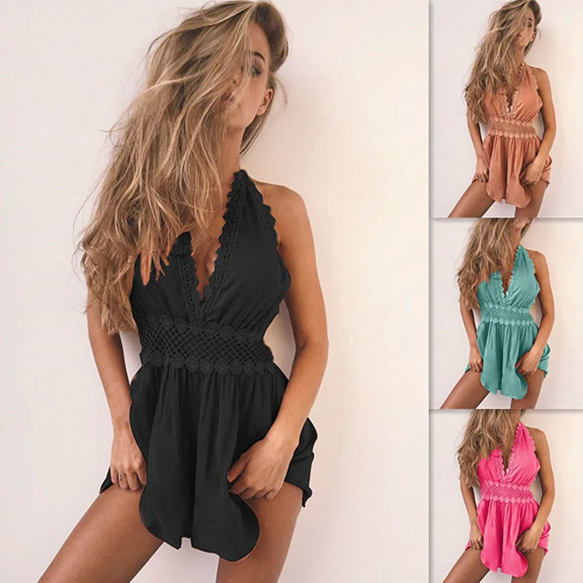 Sexy lace jumpsuit women romper summer bodycon V-Neck lady Shorts beach backless coveralls female casual | Женская одежда