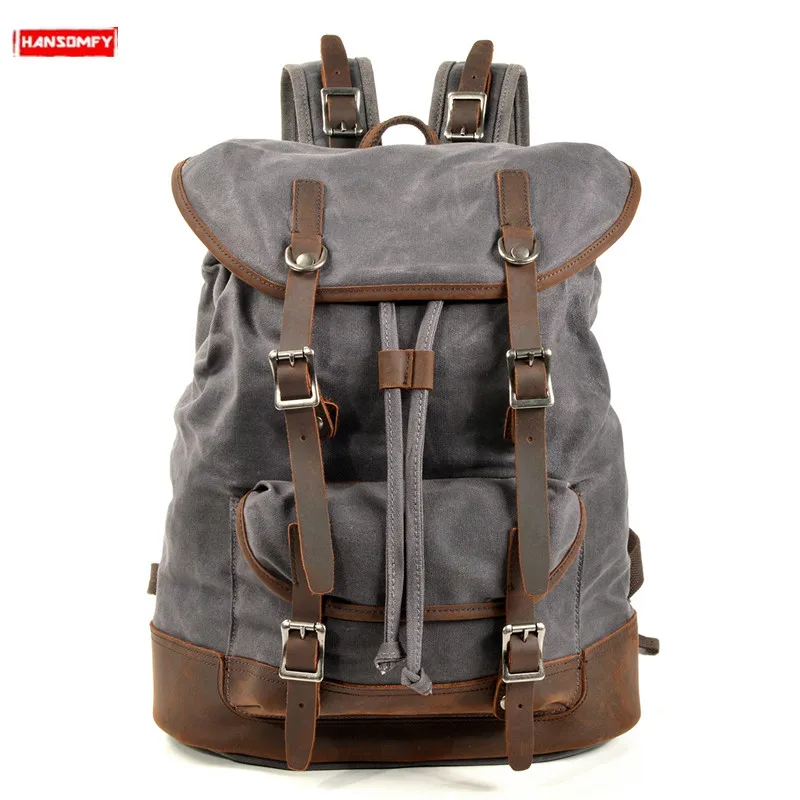

Canvas Stitching Leather Men Backpacks Male Outdoor Waterproof Travel Backpack Large Capacity Sports Bag Student Computer Bags
