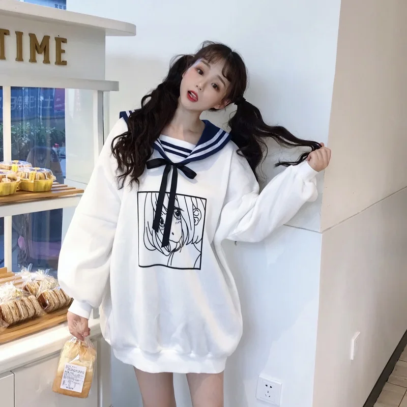 Женские зимние теплые толстовки Harajuku с мультипликационным принтом Kawaii пуловеры