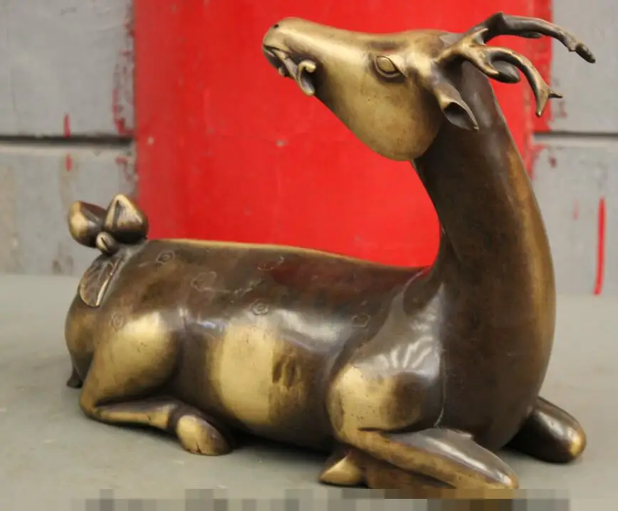 

S03803 11" Folk Chinese Bronze Copper Longevity Shou Peach RuYi Deer Lying Sheep Statue