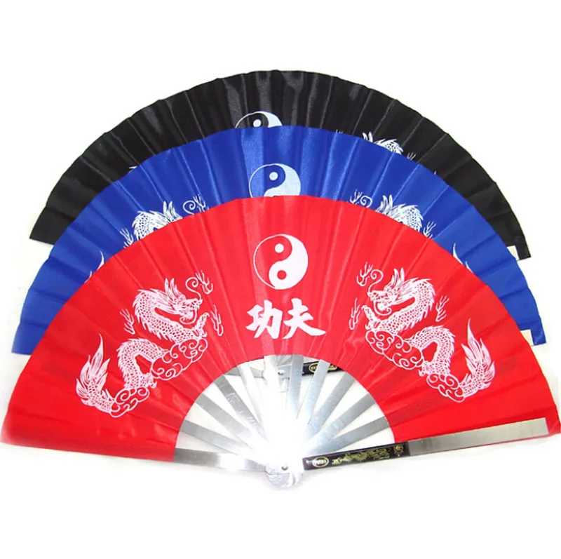 Stainless Steel Kung Fu Tai Chi Double Dragon Rib Heavy Fan Blue Black Red | Спорт и развлечения