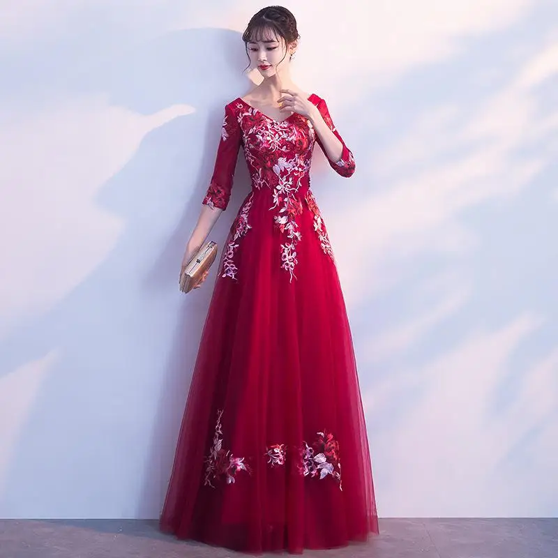 Сексуальное платье в китайском стиле, женское тонкое, вечерние, длинное, Cheongsam, свадебное платье, роскошное, свадебное, Qipao, модная одежда, Vestido - Цвет: Dark Red - D