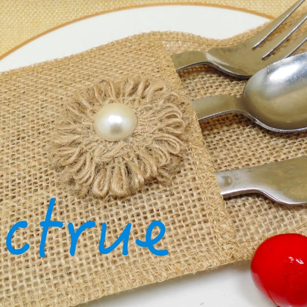 12 шт. цветочный дизайн Мешковина держатель для столового серебра столовых