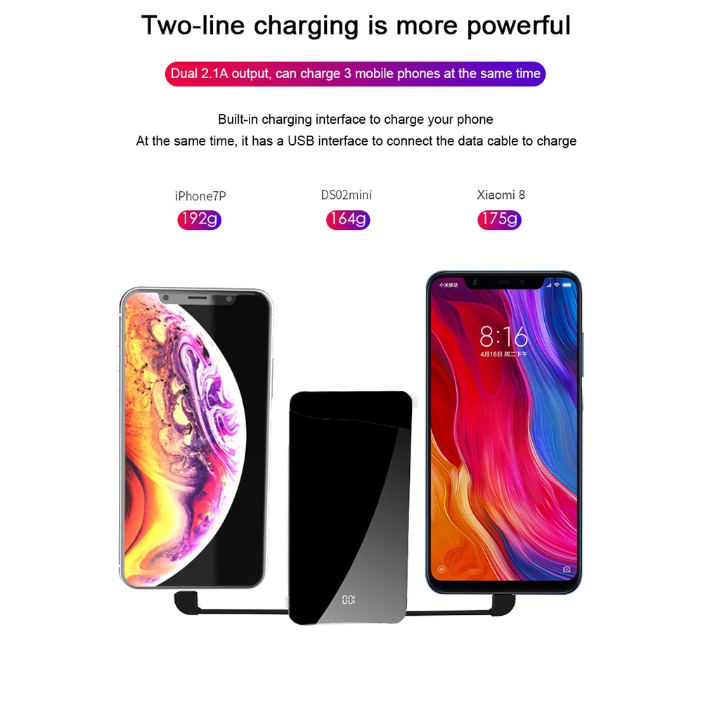 LEMFO Mini power Bank 10000 мАч ЖК дисплей с зеркальным экраном 2.1A Быстрая зарядка 2 в 1