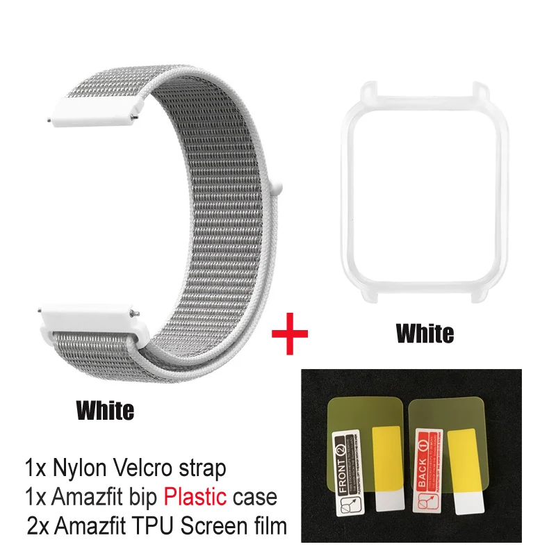 white-white pc case 4в1 нейлоновый ремешок для Amazfit ремешок Bip Xiaomi Huami Amazfit Bip браслет ремешок для часов нейлоновая петля наручный ремешок чехол Защитная пленка - Цвет: white-white pc case