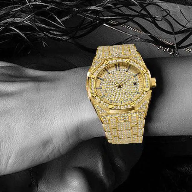 Прямая поставка Роскошные мужские часы Patek золотые часы Аналоговые водонепроницаемые кварцевые часы Календарь Бизнес часы с бриллиантами