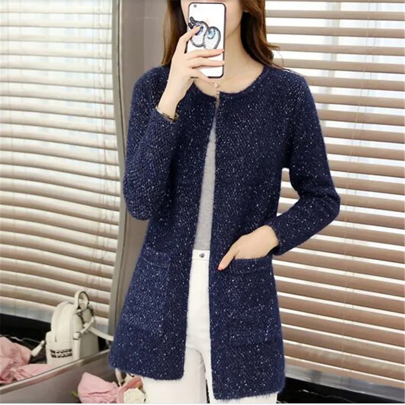 

New Spring Autumn 2017 Korean Women Medium Long Loose Elegant Knit Coat High-end Round Collar Long Sleeve Warm Sweater Q560