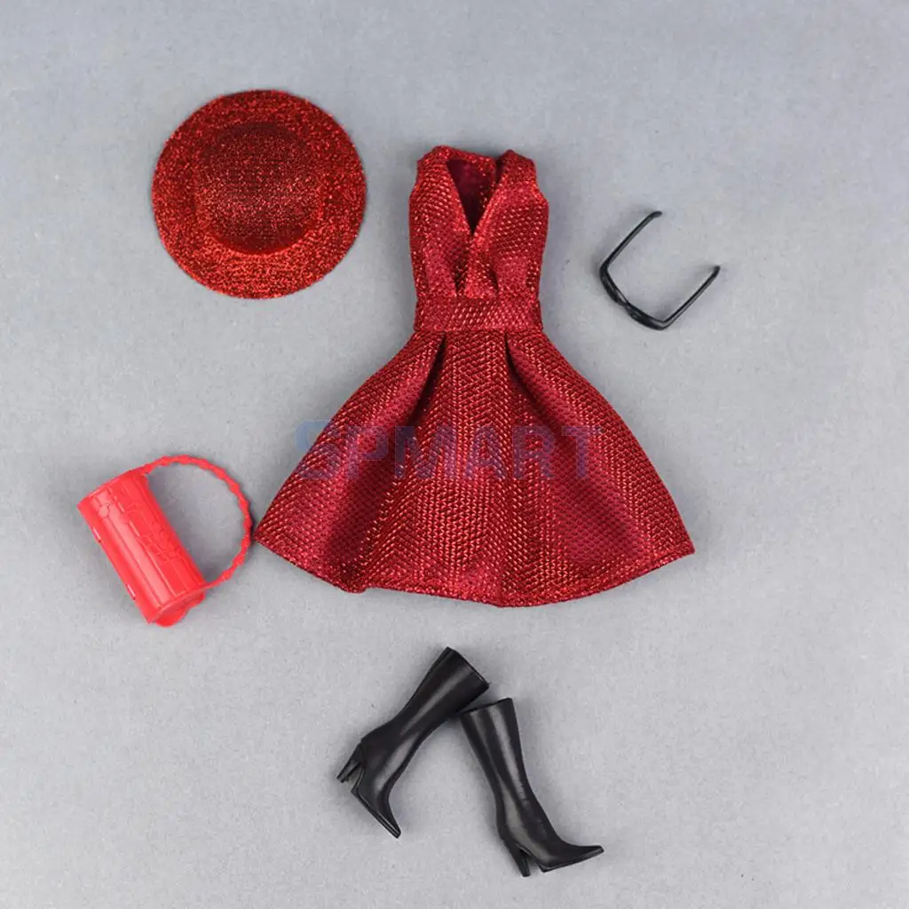 Элегантная красная шляпа черные ботинки очки 6 шт. костюм Одежда для куклы
