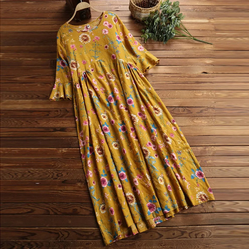 Женское винтажное платье для отдыха с расклешенными рукавами и круглым вырезом