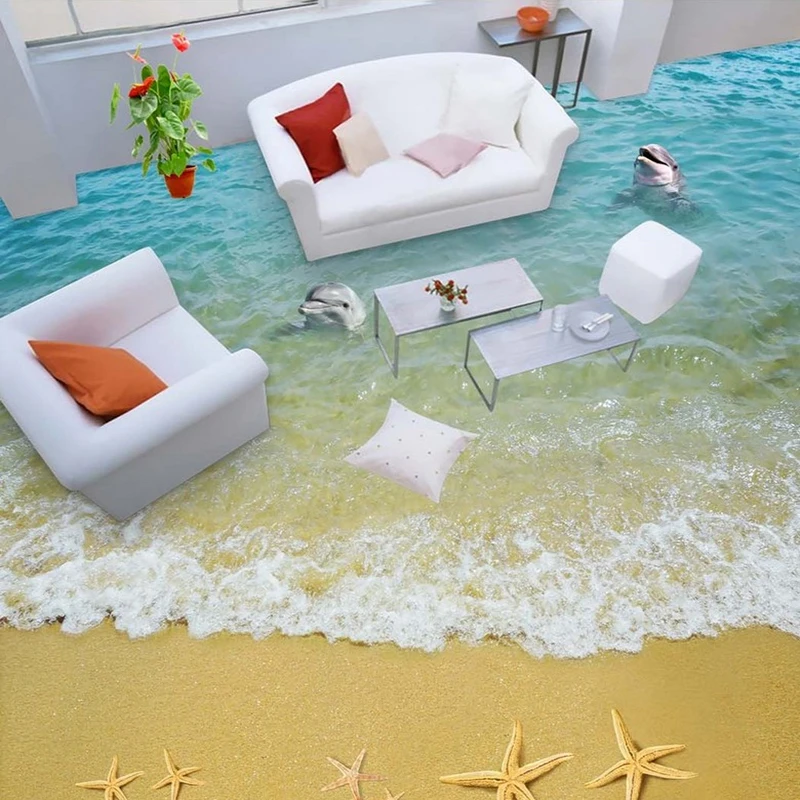 

3D Floor Mural Sandy Beach Sea Waves Ocean Dolphin Waterproof Self-adhesive Vinyl Wallpaper Modern Living Room Bathroom Sticker