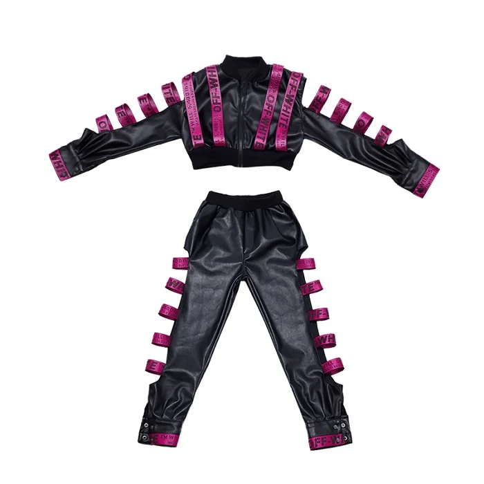 2 pieces set Г., современный детский костюм для джазовых танцев комплект из 2 предметов для девочек в стиле хип-хоп, черного цвета, из искусственной кожи, для выступлений в уличном стиле, DWY1452 - Цвет: 2 pieces set
