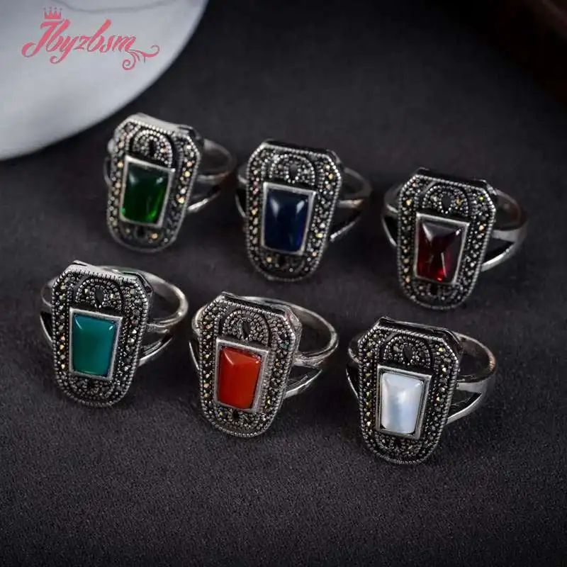 5x9mm Gem Stone Beads Inlaid Marcastie White Tibetan Silver Classical Ring #7-#9 1 Pc,Send Random Size,Wholesale Free Shipping