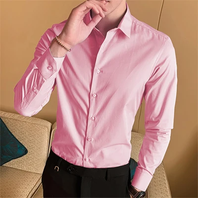 Pink VISADA JAUNA брендовая мужская деловая рубашка с длинными рукавами, однотонная приталенная дизайнерская повседневная мужская рубашка большого размера 8XL N5072 - Цвет: Pink