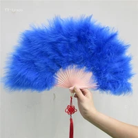 beautiful royal blue high quality fluffy feather hand fan dance stage show props wedding party 1pcs goose feather fan decoration