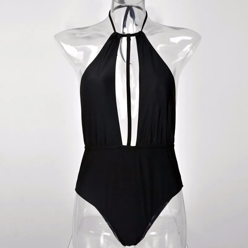 Black Sexy V Neck Halter One Piece Swimsuit Monokini Women Split High Waist Swimwear Bandage Backless Bathing Suits Beach Wear | Спорт и
