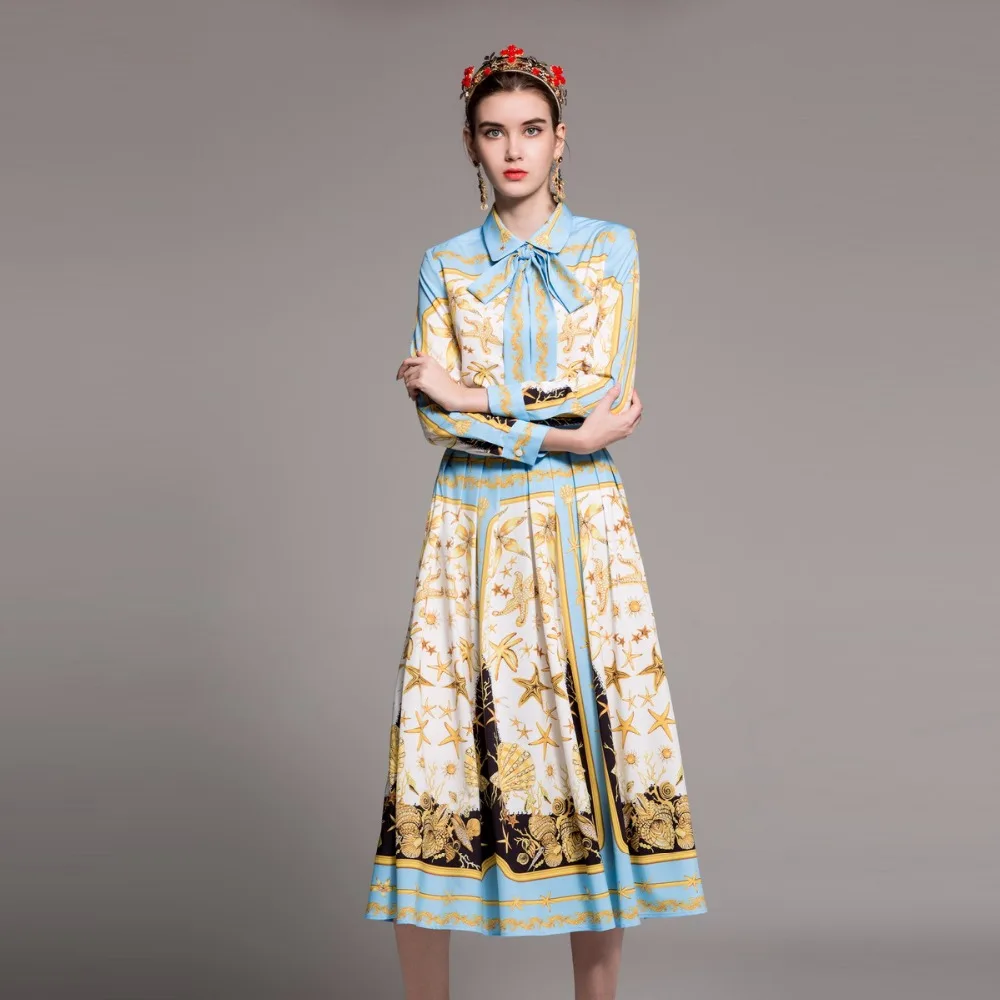 2018 New Spring Vintage Print Women Sets High Quality Fashion Full Sleeve Turn-down Collar Shirts +Pleated Skirts Retro Suits | Женская