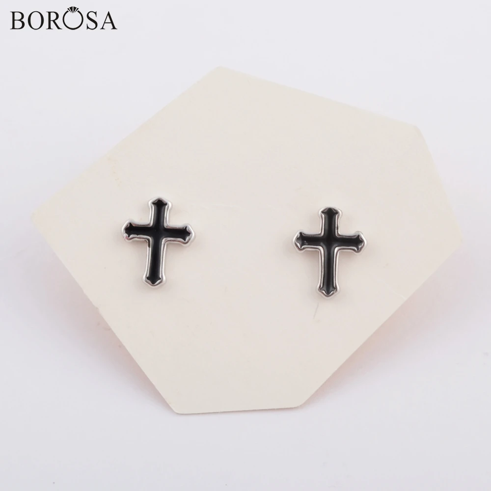 BOROSA 10 пар 92.5% чистого серебра 9x10 мм в форме Креста черные серьги-гвоздики