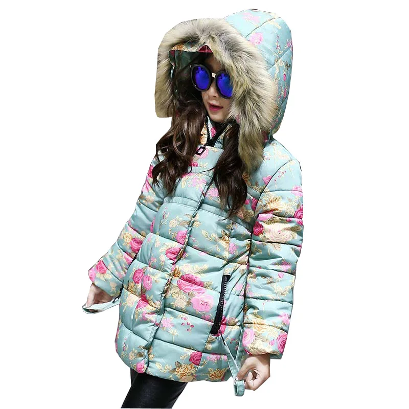 Зимние Обувь для девочек куртка с цветочным принтом на молнии зимние пальто