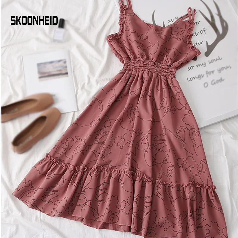 red SKOONHEID, модное, новое платье с принтом, женское, летнее, v-образный вырез, богемное, в горошек, Топики, платья, пляжные, цветочные, вечерние, длинное, шифоновое платье - Цвет: red