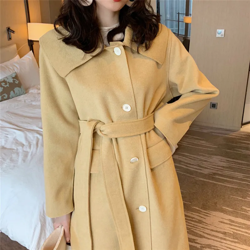 2019 Fall Winter Women Simple Cashmere look Maxi Long Robe Belted Coat Female Woolen Outerwear manteau femme abrigos mujer |