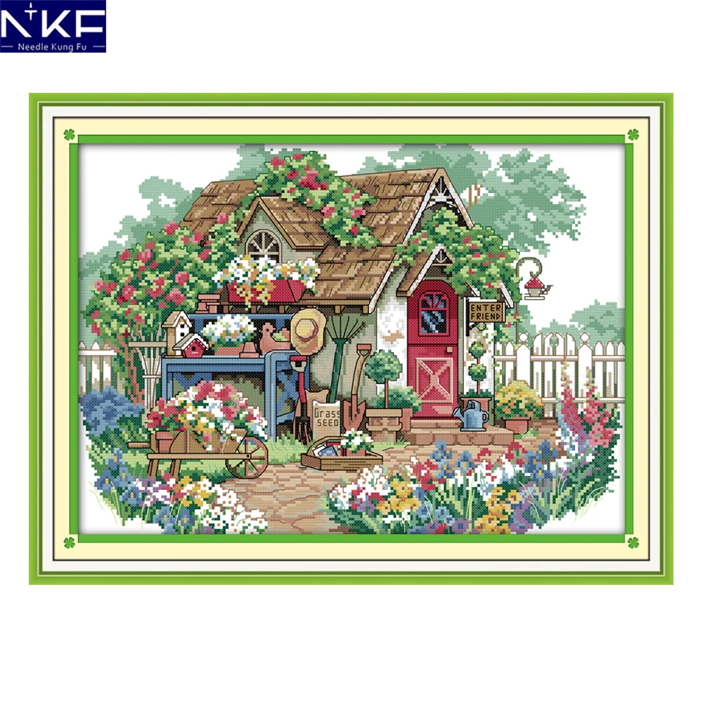 

NKF Chinese Cross Stitch Kits Stamped Counted Canvas Needlework Flower cabin For Home Decoration DIY Embroidery