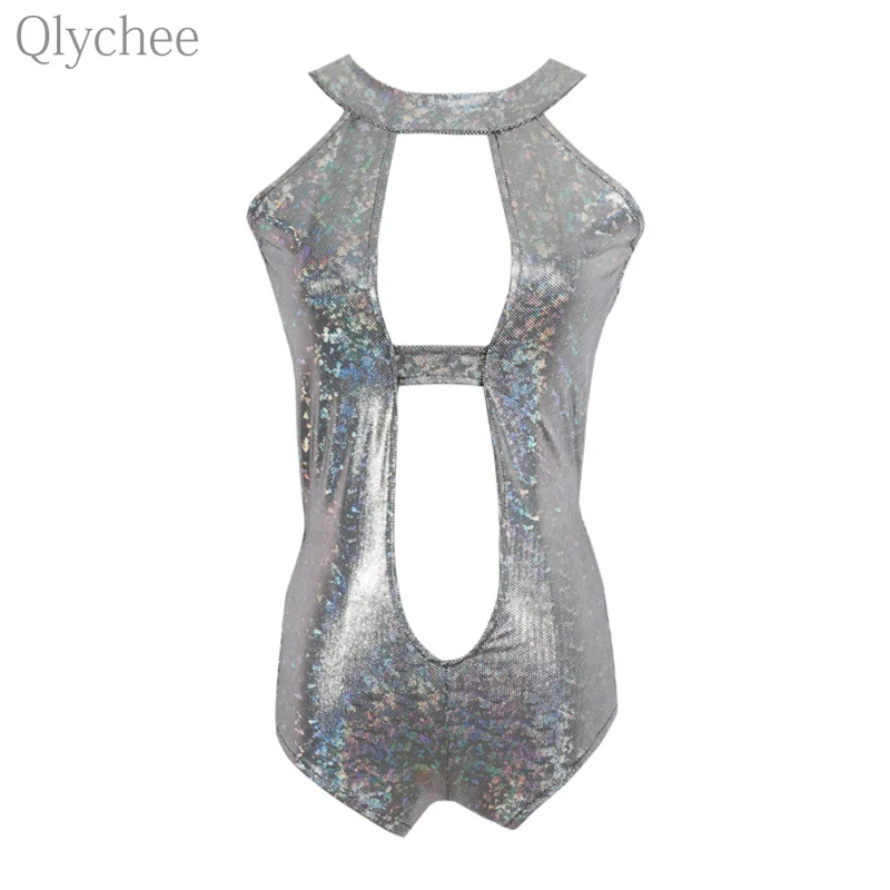 Qlychee сексуальный женский лазерный Открытый комбинезон голографический боди