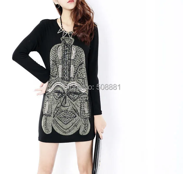 Платье свободного покроя винтажный длинный рукав женщины хлопок Sequine тотем принт