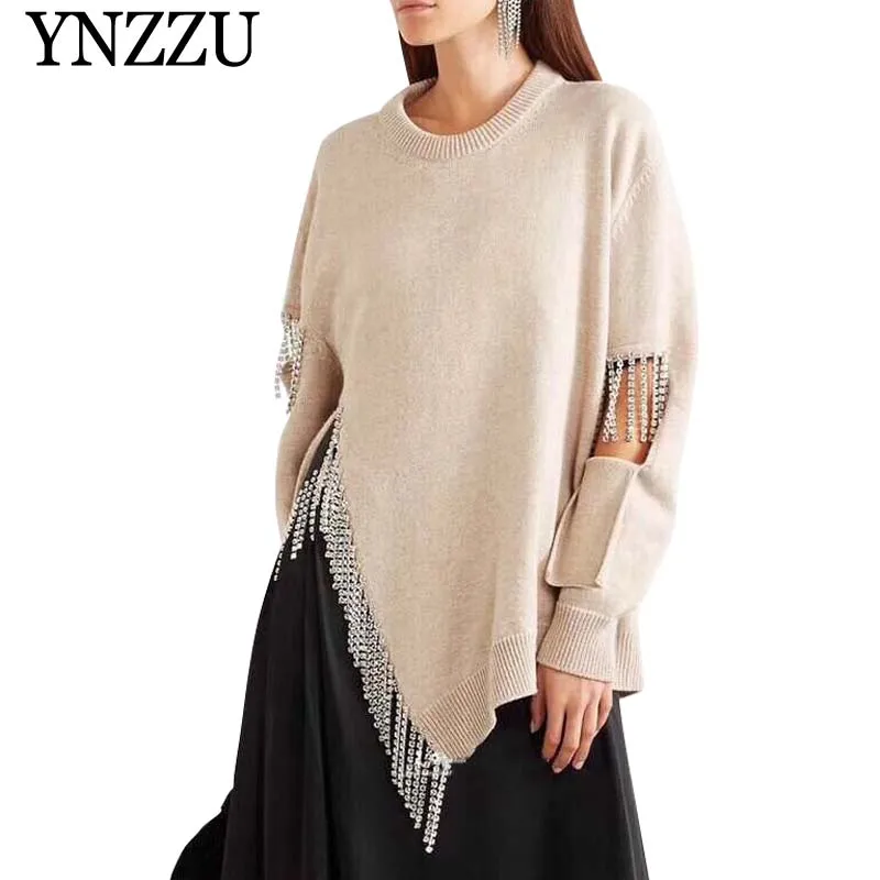 YNZZU Rhinestone Tassel Chic Women's Sweater 2019 Spring Casual Hollow O Neck Women Pullovers Loose Jumper pull femme YT511 | Женская
