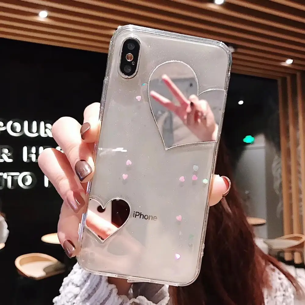Блестящий чехол в горошек с сердечками для iphone 7 plus мягкий силиконовый зеркальный