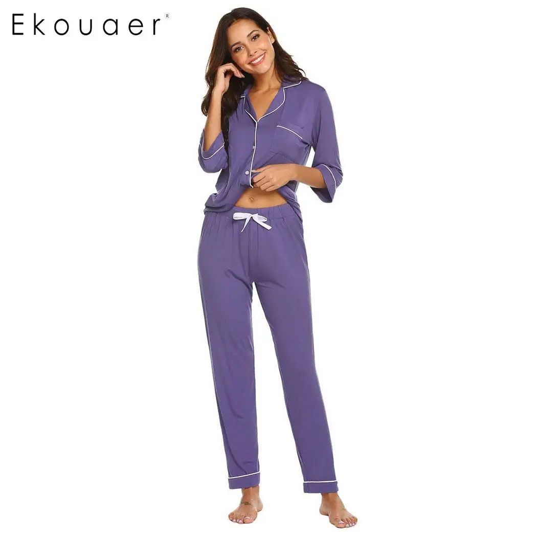 purple Ekouaer пижамные комплекты для женщин Повседневная одежда для сна однотонные рубашки с рукавом три четверти топ длинные брюки пижамные комплекты мягкая домашняя одежда костюмы - Цвет: purple