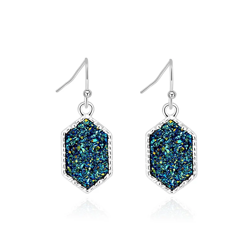 14 цветов, серьги Drusy Druzy, имитация смолы, Кристалл, камень, шестиугольник, болтаются, позолота, серебро, Брендовое ювелирное изделие для женщин - Окраска металла: S green