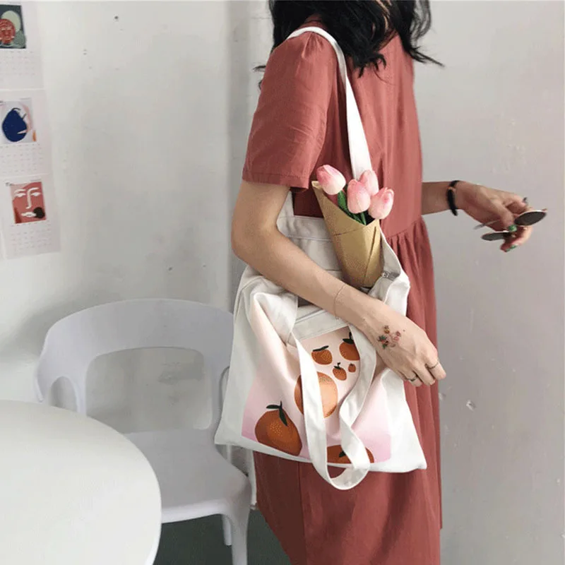 Harajuku новый большой размер ulzzang оранжевый мультфильм Печать холст ins Корея сумка