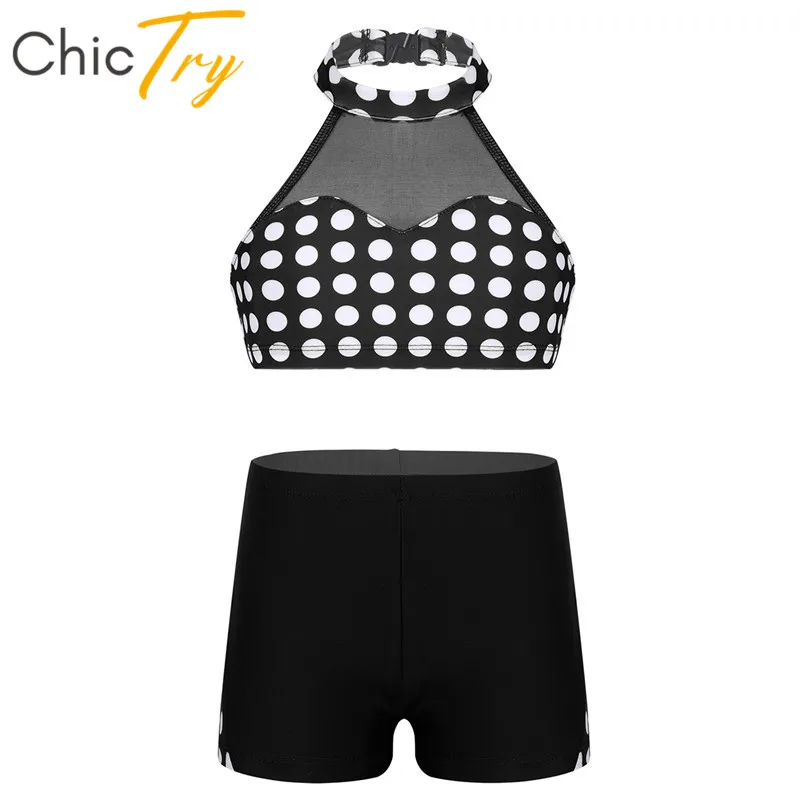 ChicTry Kids Teens Polka Dots Mesh Splice Halter Ballet Gymnastics Shorts with Crop Top Sports Set Children Girls Dance Costumes |