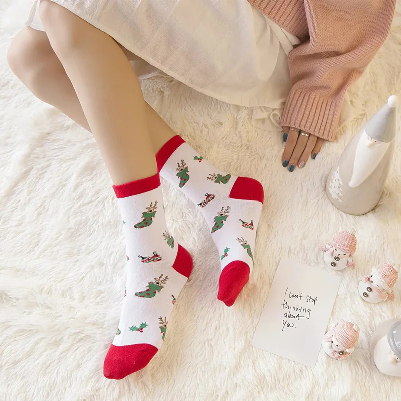 Носки женские/мужские хлопковые с принтом снежинок/оленей повседневные