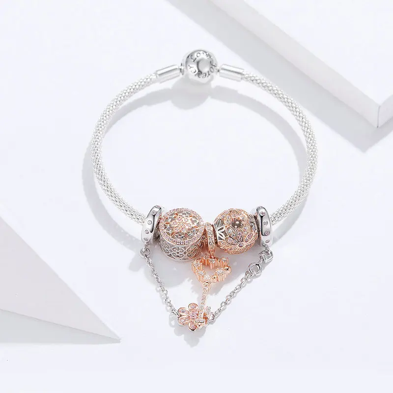 MOWIMO 925 пробы Серебряный Женский браслет и браслет Fit Blossom Цветок ключ бусины Подвески Украшения BKB824