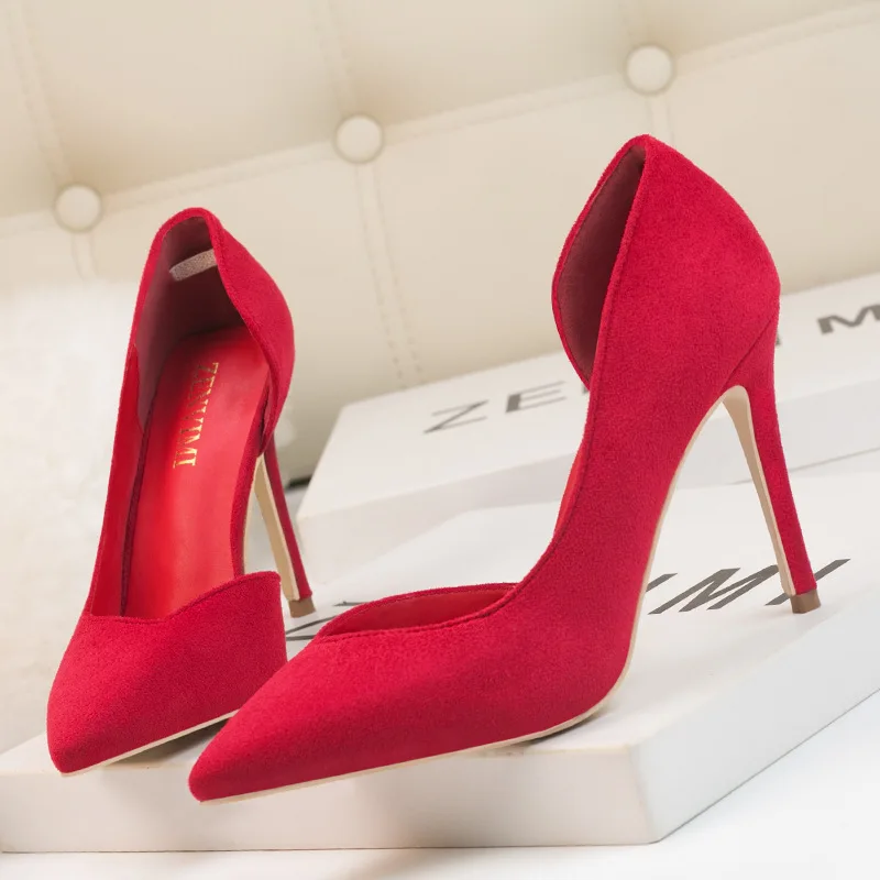 2019 г. весенне-осенние модные простые замшевые туфли на высоком каблуке с острым
